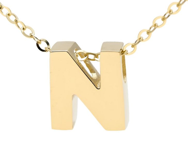 Yellow gold "A" 3D block initial pendant necklace suspended from gold cable chain